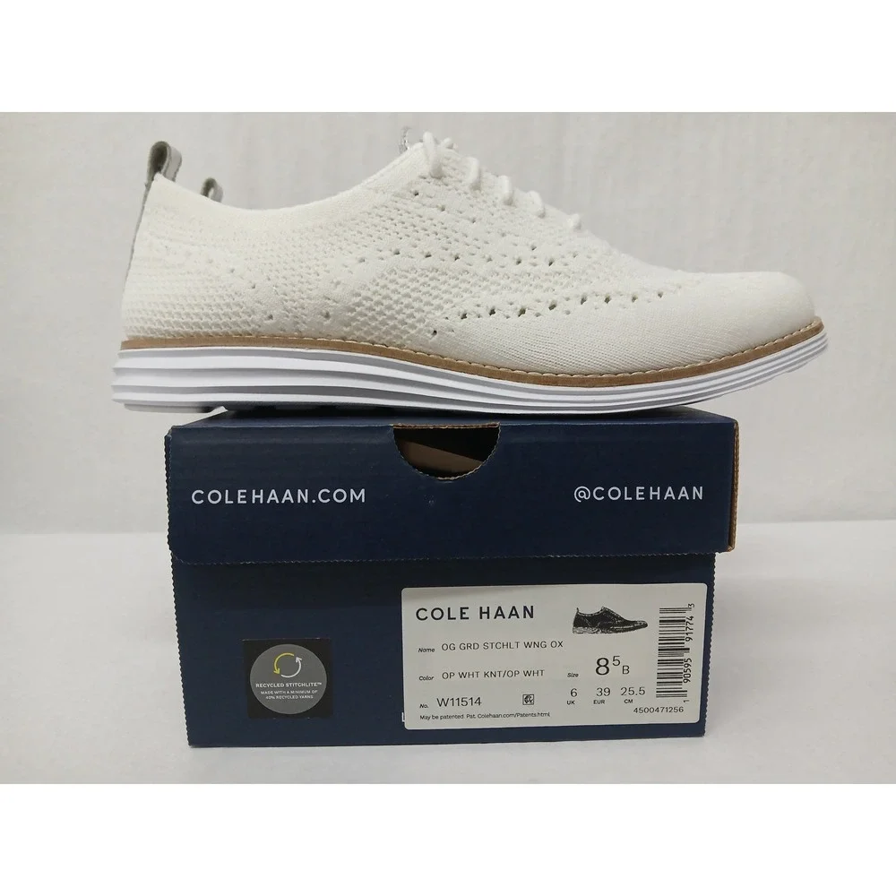 Cole Haan Womens Grand Stitchlite Wingtip Oxford White Knit Shoe W11514 Size 8.5